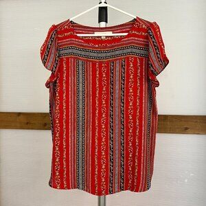 Loft Red Abstract Floral Stripe Scoop‎ Neck Petal Short Sleeve Blouse Sz M